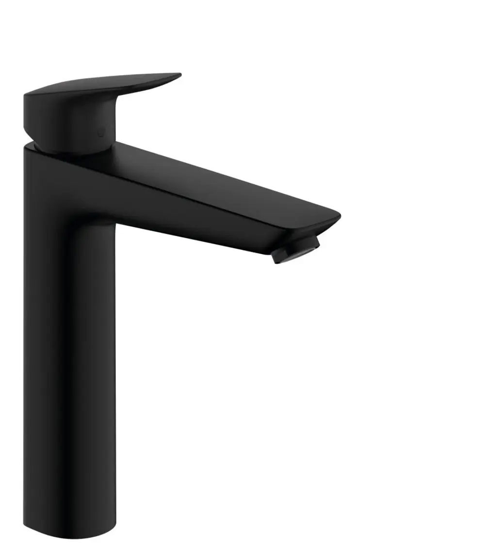 Ein schwarzer Einhebel-Waschtischmischer mit elegantem Design, hergestellt von Hansgrohe, ausgestattet mit einer Zugstangen-Ablaufgarnitur.